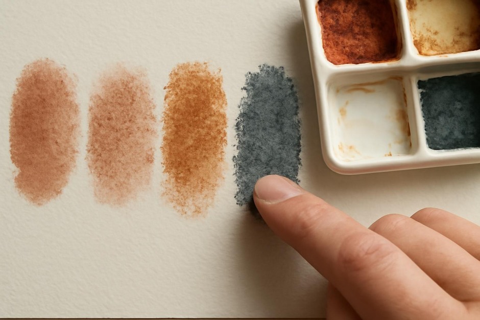 Close-up of granulating pigment washes and palette texture