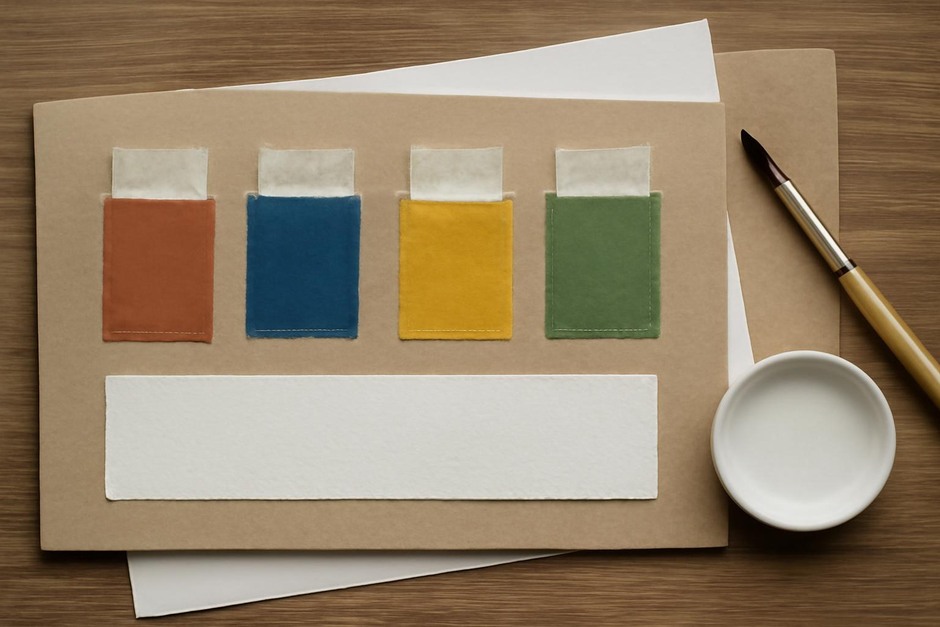 Paint swatches taped to a board for lightfastness testing