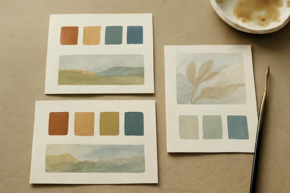 Three small palette rows showing limited palette swatches and studies