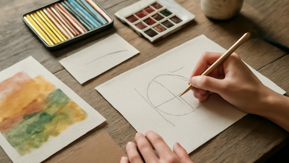 Bright studio image with paint textures, paper layers, and geometric color blocks.